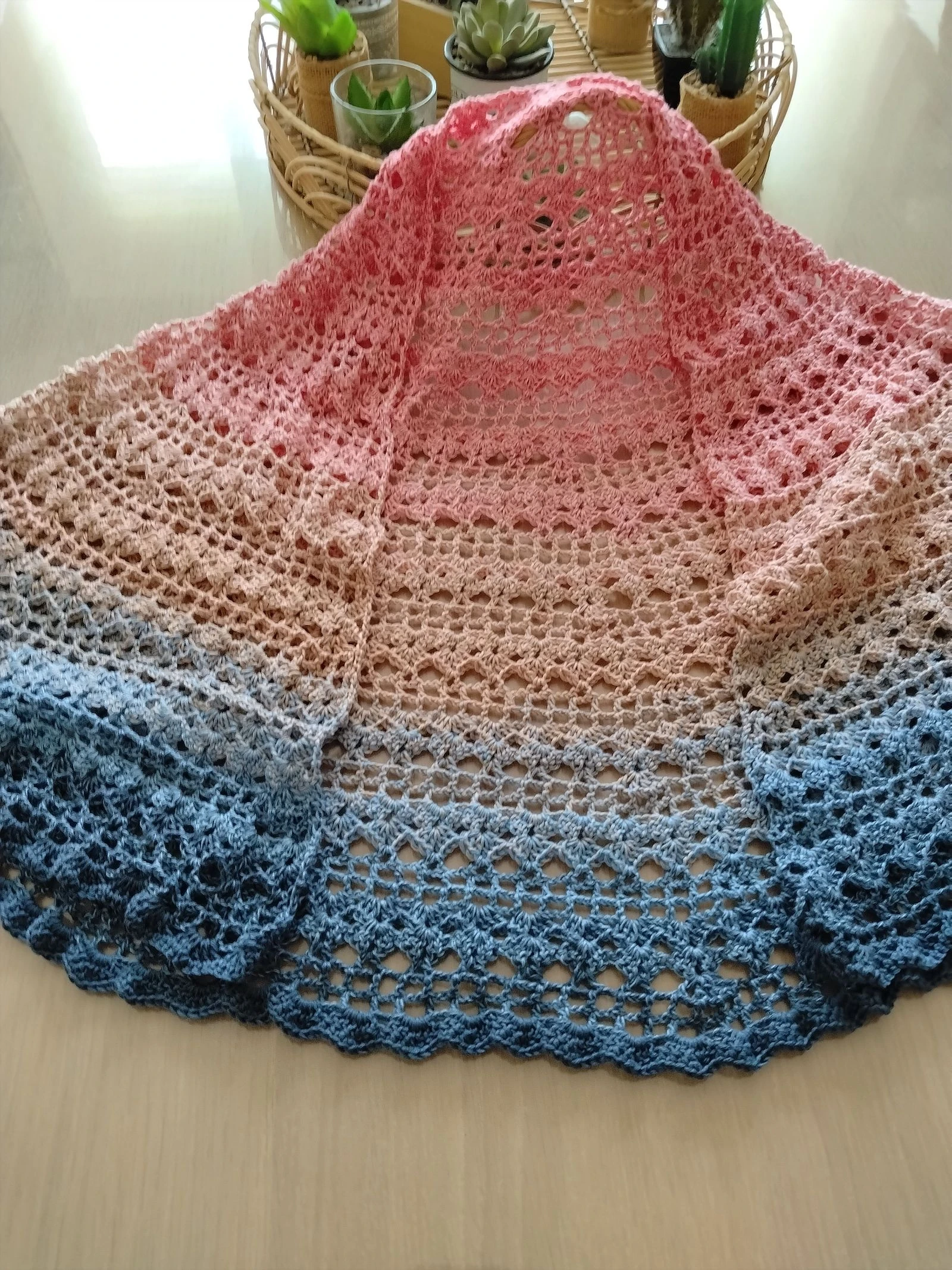 Handmade Half-Moon Large Scarf — Powder Pink, Beige & Jeans Blue Gradient – photo 6